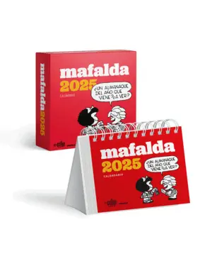 Calendario 2025 Mafalda. Escritorio Rojo con Caja